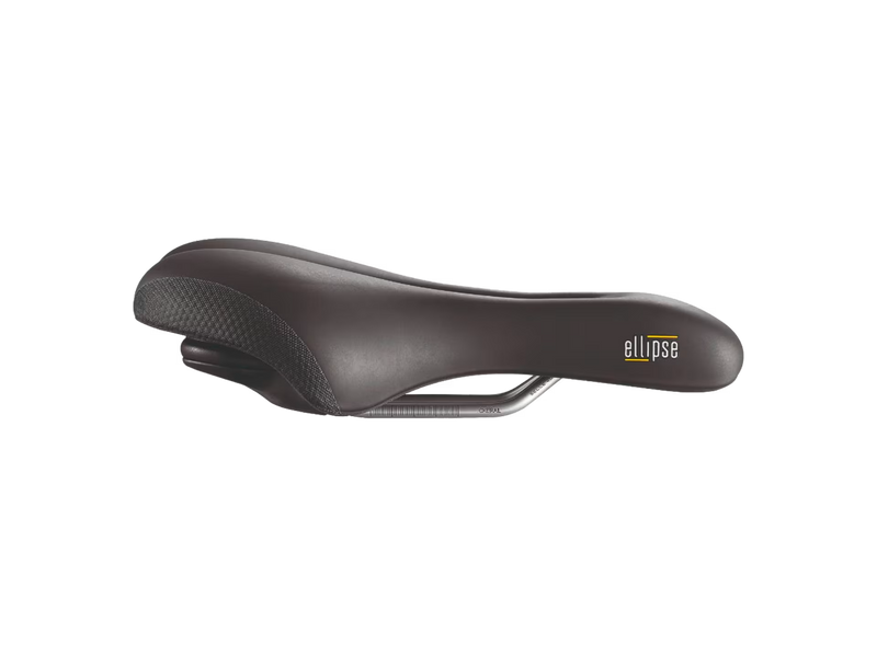 Black bicycle saddle with 'ellipse' branding on a white background
