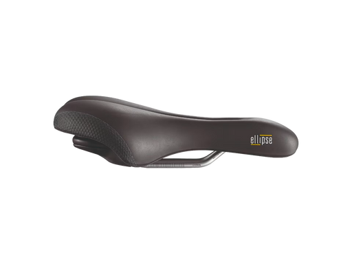 Black bicycle saddle with 'ellipse' branding on a white background