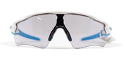 White Oakley sunglasses with a black nose bridge and blue temple accents, shown against a plain white background.