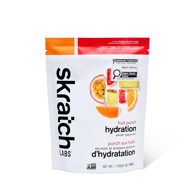 Skratch Labs fruit punch hydration drink mix package on a white background