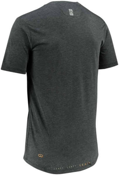 Leatt MTB AllMtn 2.0 Junior jersey in dark heather gray, back view with small orange logo at the lower left hem