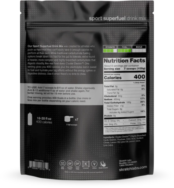 Black package of Sport Superfuel drink mix with nutrition facts label
