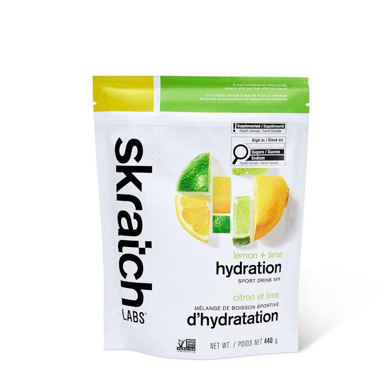 Skratch Labs lemon and lime hydration powder package on a white background