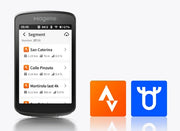 Smartphone displaying a navigation app with two brand logos below on a white background