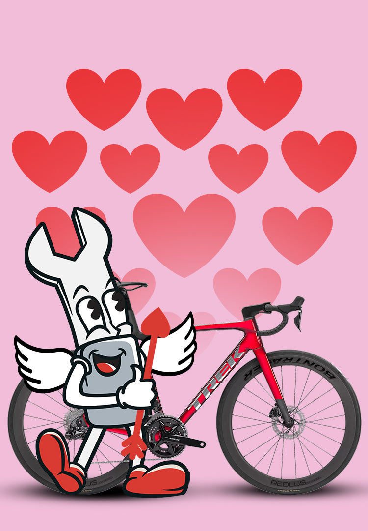Cartoon character with a cupid arrow holding a bicycle on a pink background with hearts