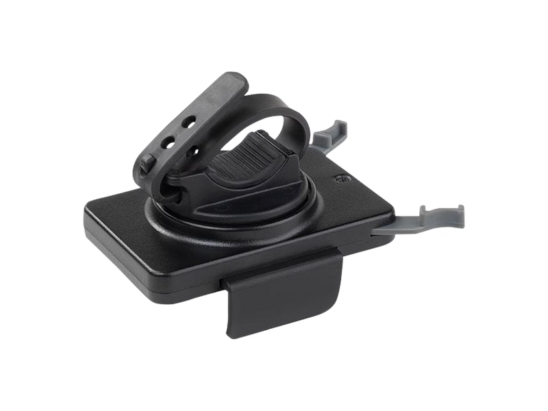 Black plastic mounting bracket on a white background