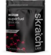 Skratch Labs Sport Superfuel drink mix package with raspberry flavor on a white background