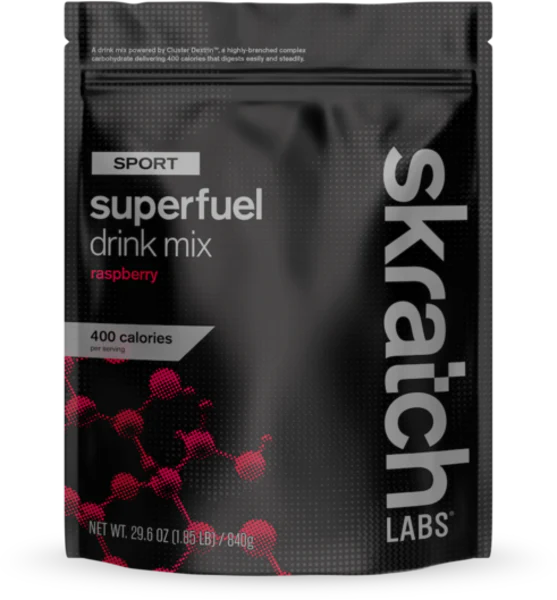Skratch Labs Sport Superfuel drink mix package with raspberry flavor on a white background