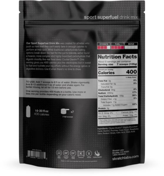 Black package of Skratch Labs Sport Superfuel drink mix with nutrition facts on a white background