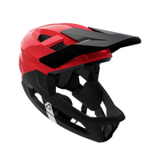 Red Leatt MTB Enduro 2.0 Junior helmet with chin bar, 3/4 side view facing right on a transparent background
