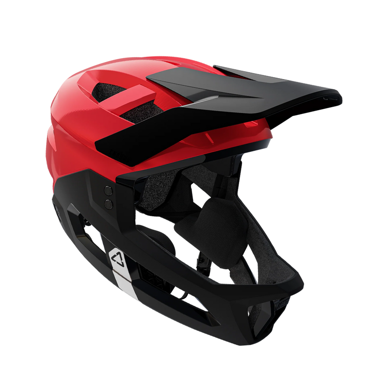Red Leatt MTB Enduro 2.0 Junior helmet with chin bar, 3/4 side view facing right on a transparent background
