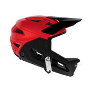 Red Leatt MTB Enduro 2.0 Junior helmet with chin bar, side view, facing right on a transparent background