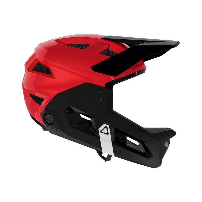 Red Leatt MTB Enduro 2.0 Junior helmet with chin bar, side view, facing right on a transparent background