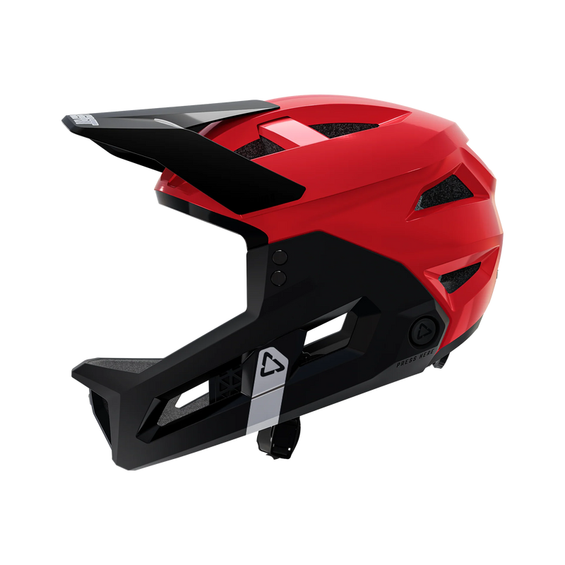 Red Leatt MTB Enduro 2.0 Junior helmet with chin bar, side view, facing left on a transparent background