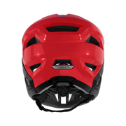 Red Leatt MTB Enduro 2.0 Junior helmet, back view with Enduro 2.0 badge and chin strap visible on a transparent background