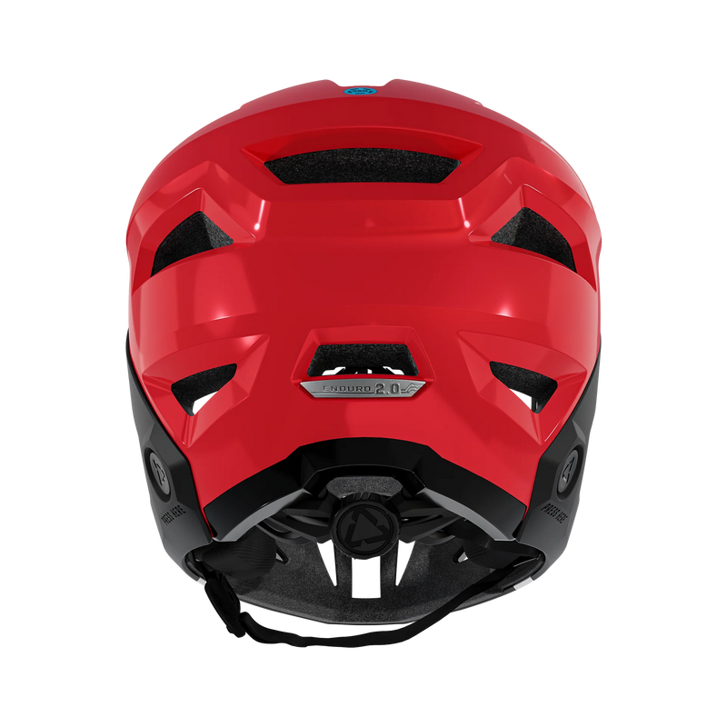 Red Leatt MTB Enduro 2.0 Junior helmet, back view with Enduro 2.0 badge and chin strap visible on a transparent background