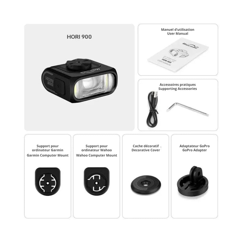 lmage of all items included with the Hori 900 bike light with terms in french and english