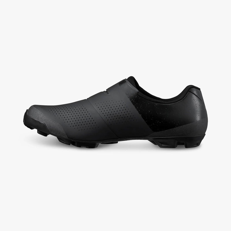 Shimano SH-XC302 cycling shoe in black, opposite side view facing left showing the wraparound upper and sole