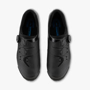 Shimano SH-XC302 pair of cycling shoes in black, top view showing the interior
