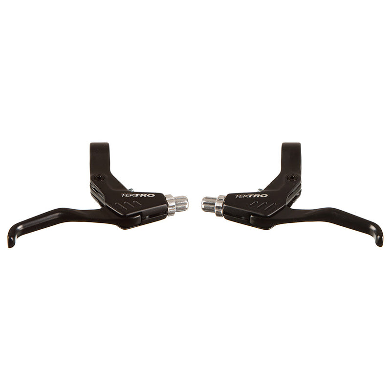 Pair of black Tektro bicycle brake levers on a white background