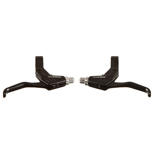 Pair of black Tektro bicycle brake levers on a white background